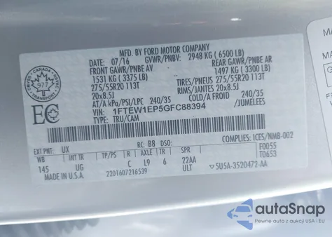 2016 Ford F-150 Xlt z USA, uszkodzony, nr VIN 1FTEW1EP5GFC88394